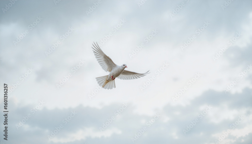 Obraz premium Lone white dove flying against a cloudy sky, symbolizing peace