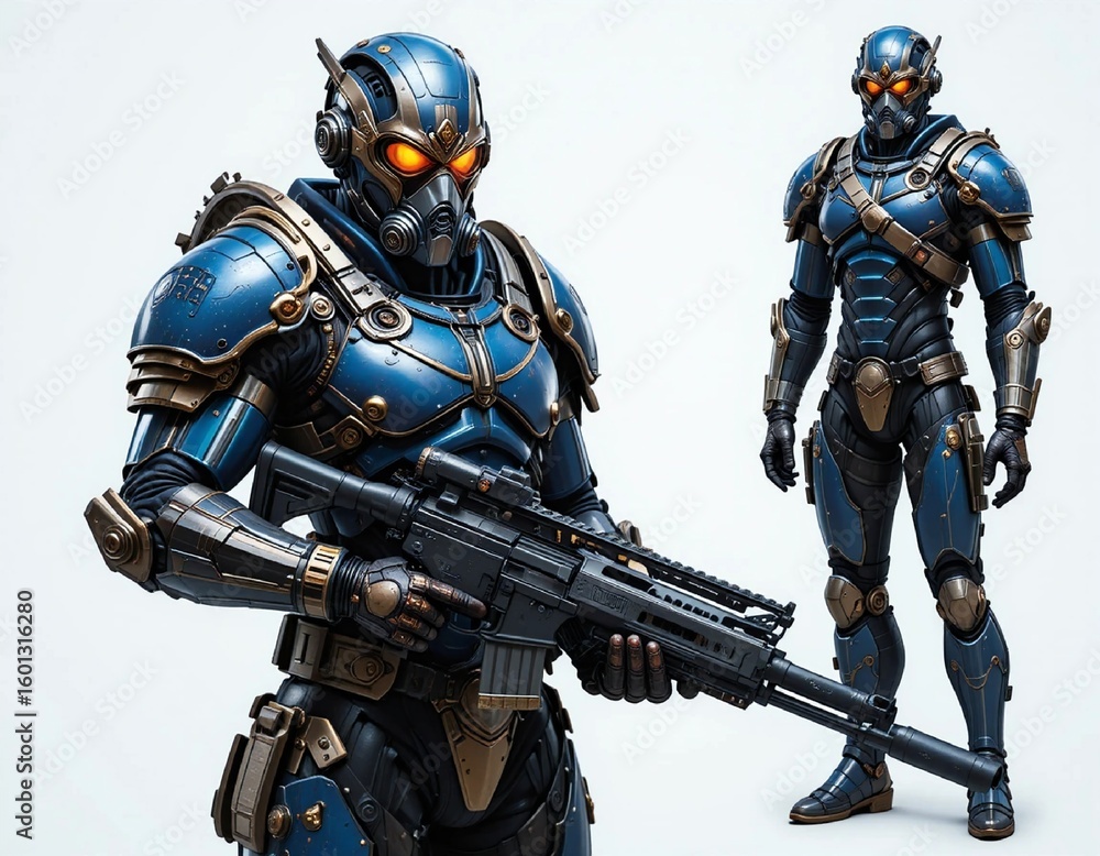 Fototapeta premium Futuristic soldier in blue armor with sniper rifle