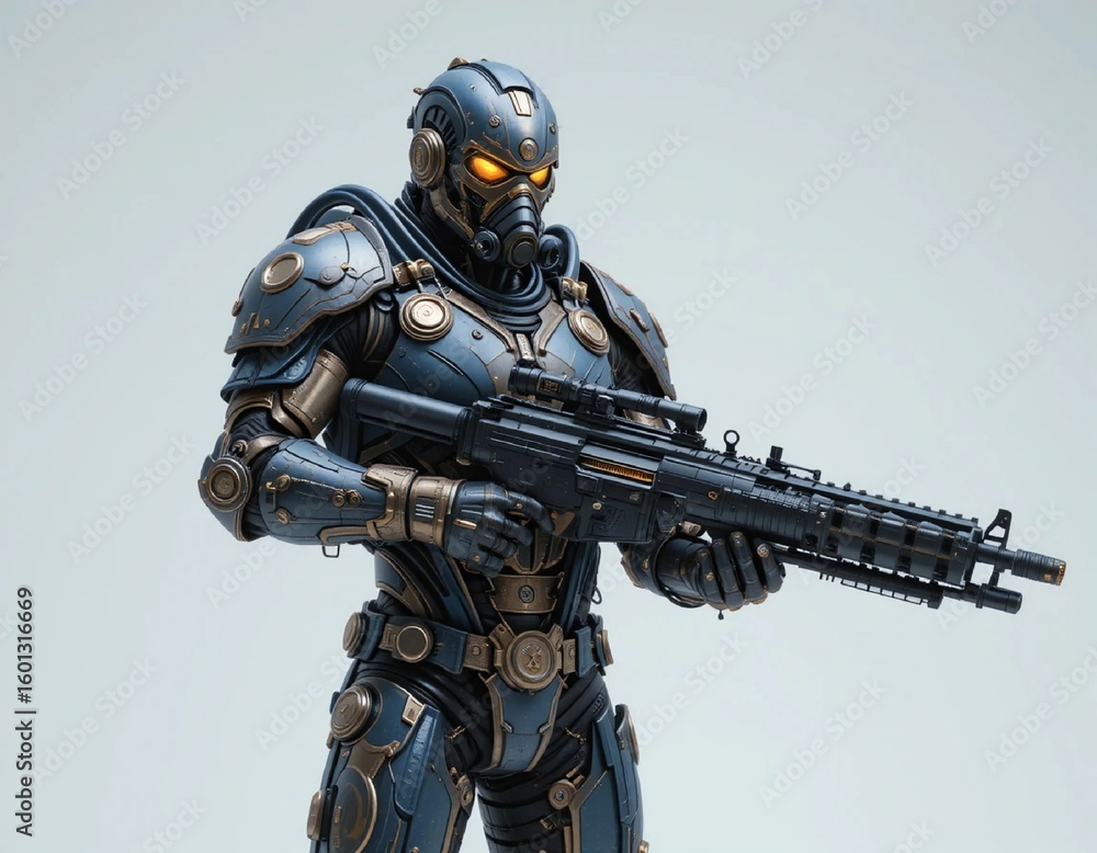 Fototapeta premium Futuristic soldier in armor holding a rifle ready for combat
