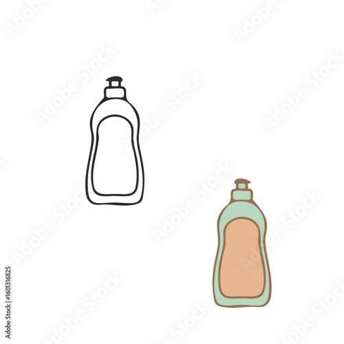 Color and black white outline flat dish soap bottle set isolated