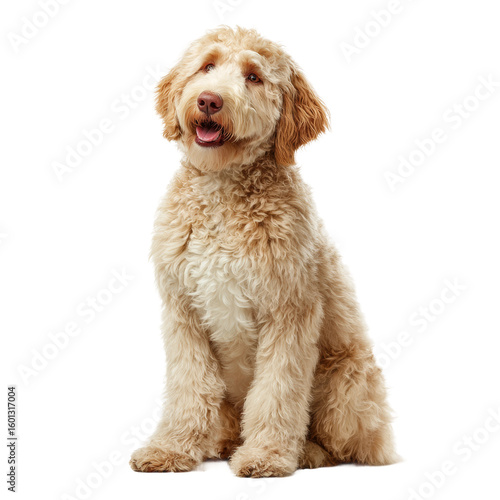 A cute and fluffy goldendoodle puppy sitting with an open mouth and looks adorable 
