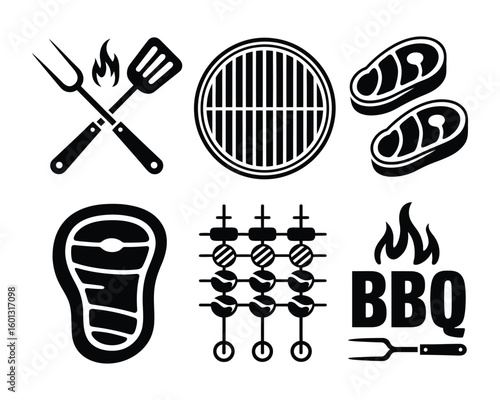 grilling spatula, fork, and flame artwork