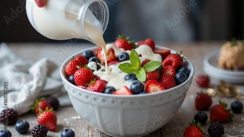 Yogurt and muesli with fresh mixed berries in a bowl for a healthy summer breakfast