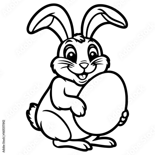 Cheerful cartoon bunny holding a large Easter egg