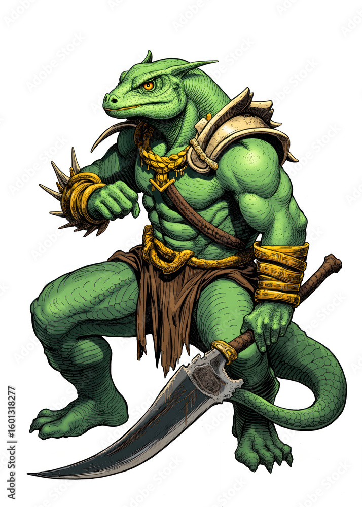 Obraz premium Ferocious Lizardman Warrior Wielding Giant Curved Blade – Reptilian Fantasy Creature in Tribal Armor and Gold Jewelry, Muscular Anthropomorphic Beast Ready for Battle on White Background