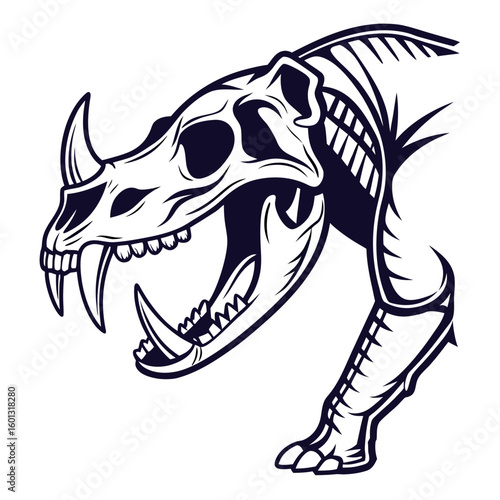 Fierce saber toothed cat skull and skeleton silhouette isolated on white background