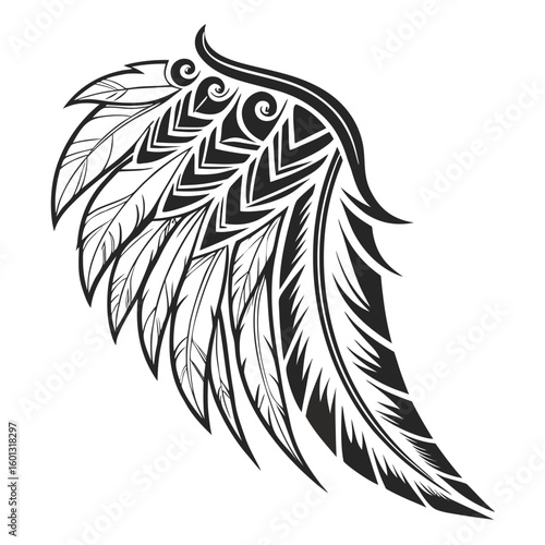 Intricate tribal wing design silhouette isolated on white background