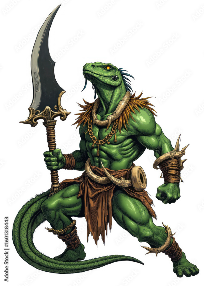 Obraz premium Ferocious Lizardman Warrior Wielding Giant Curved Blade – Reptilian Fantasy Creature in Tribal Armor and Gold Jewelry, Muscular Anthropomorphic Beast Ready for Battle on White Background
