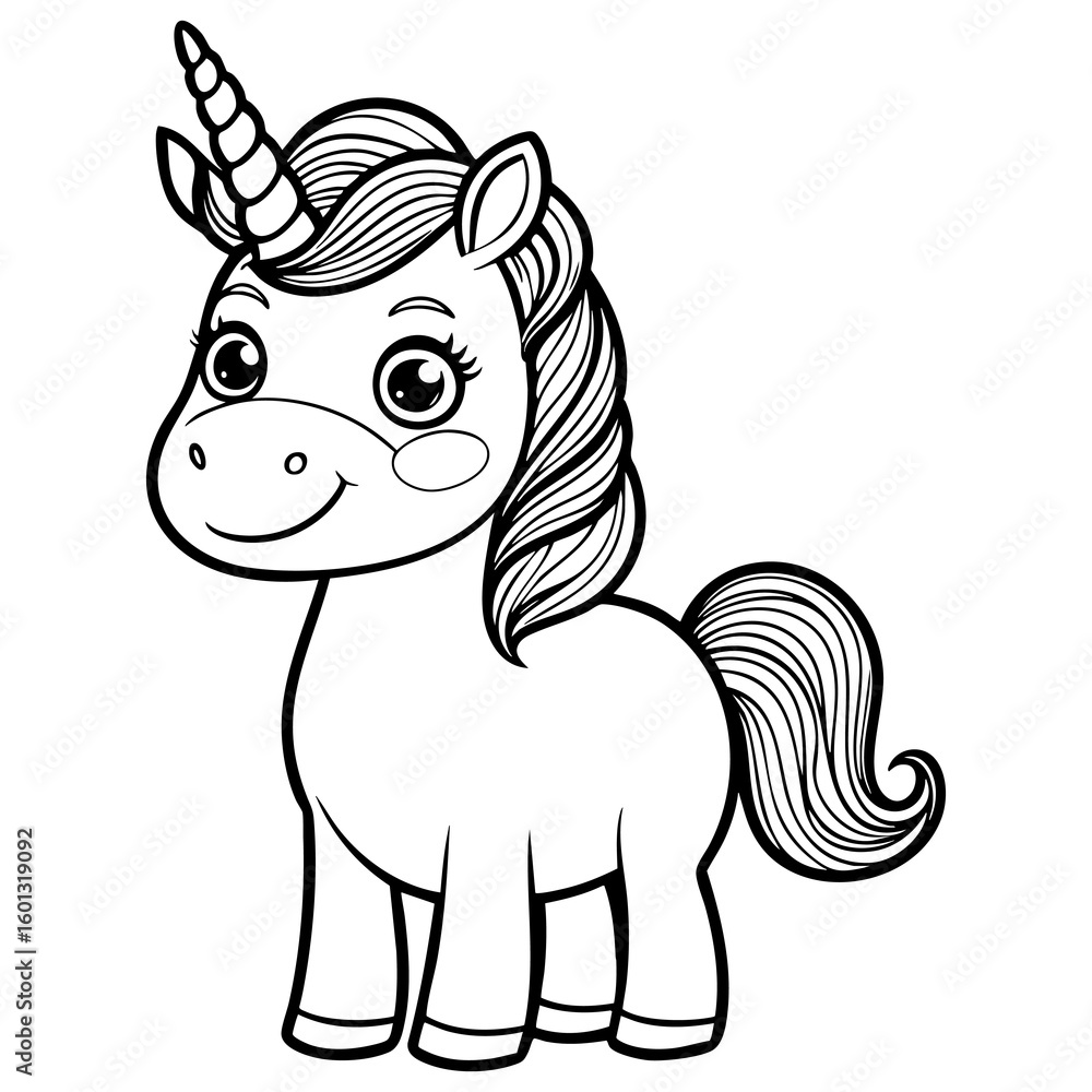 Fototapeta premium Smiling Unicorn Cartoon with Blush Cheeks in Cute Coloring Outline