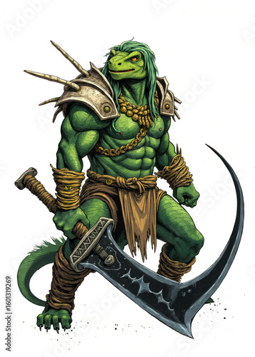 Ferocious Lizardman Warrior Wielding Giant Curved Blade – Reptilian Fantasy Creature in Tribal Armor and Gold Jewelry, Muscular Anthropomorphic Beast Ready for Battle on White Background