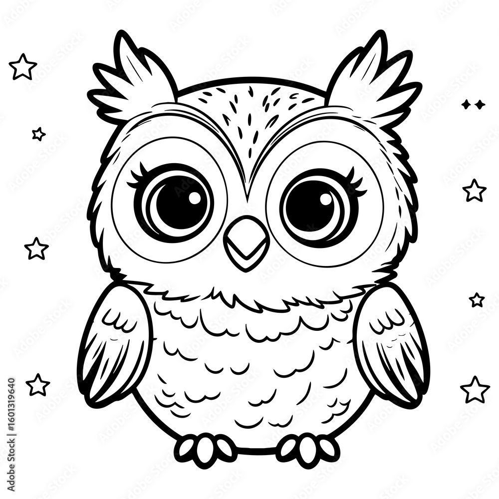 Fototapeta premium Cute Little Owl Surrounded by Stars for Nighttime Coloring Fun