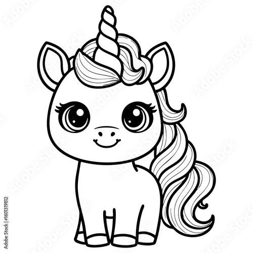 Standing Unicorn with Curly Mane and Happy Smile Coloring Page
