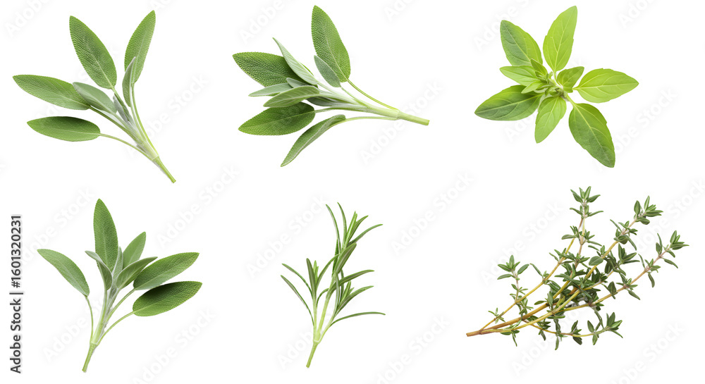 Fresh assortment of culinary herbs including sage, rosemary, and thyme arranged on a white background, ideal for cooking Fresh assortment of culinary herbs including sage, rosemary, and thyme arranged on a white background, ideal for cooking