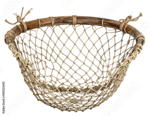 Handcrafted rustic fishing net with wooden handle and jute rope details