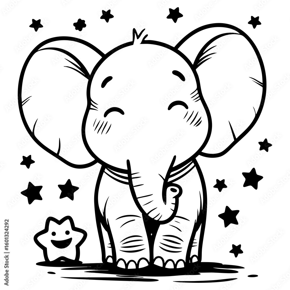 Obraz premium Happy Baby Elephant Surrounded by Stars and Sparkles