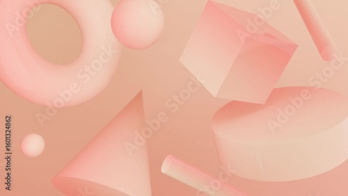 Abstract 3D Peach colored geometric shapes floating against a peach background. Seamless Looping 3D Abstract Motion Background For Creative Video Project.