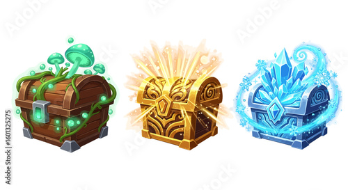 Three magic chests with different glowing effects, representing treasure, mystery and enchantment