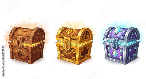A collection of three treasure chests, each glowing with vibrant light and holding sparkling treasures.