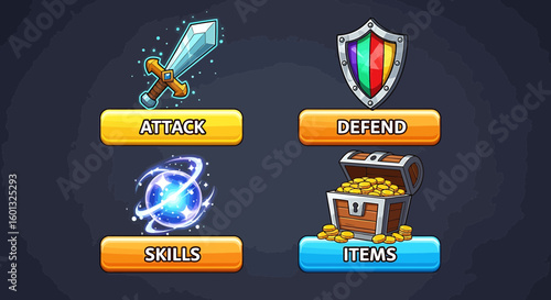 Image of four action-oriented icons with a sword, shield, skills orb, and treasure chest, ready for action