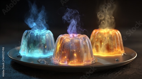 Three Glowing Jelly Desserts Emit Colorful Steam

