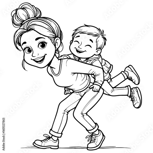 Happy Kid Enjoying a Fun Piggyback Ride from a Smiling Young Woman