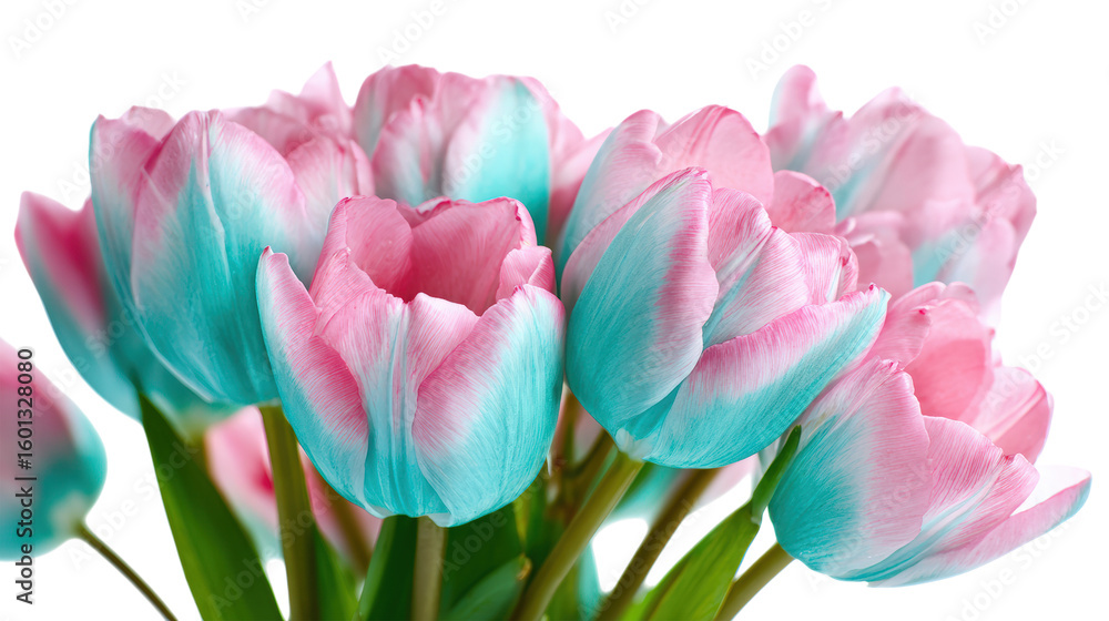 Fototapeta premium Vibrant Bouquet of Blue and Pink Tulips on Transparent Background for Creative Projects