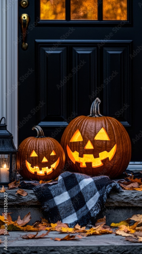 Obraz premium Two carved jack-o'-lanterns glow warmly on a front porch, surrounded by autumn leaves and a cozy blanket, creating a perfect Halloween atmosphere for trick-or-treaters and festive spirits.