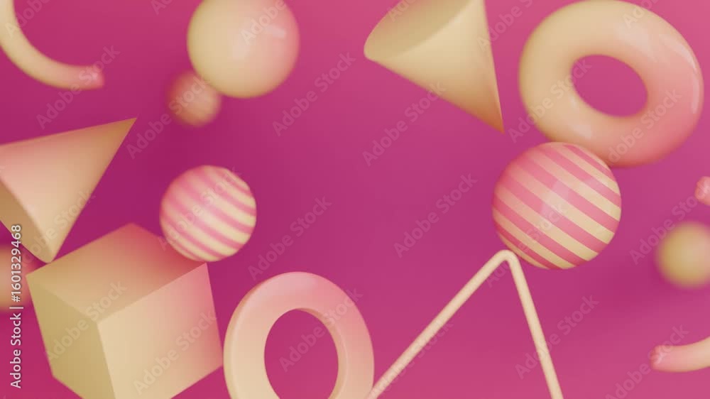 Abstract 3D Pink and yellow geometric shapes float on a pink background. 4K Seamless abstract 3D loop video background for creative video project.