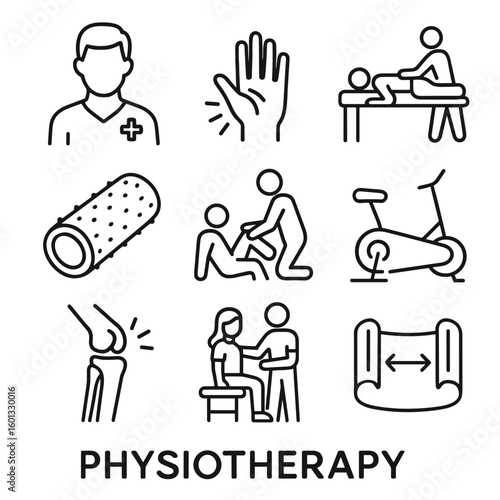 Physiotherapy vector icon set depicting treatments and exercises for recovery  