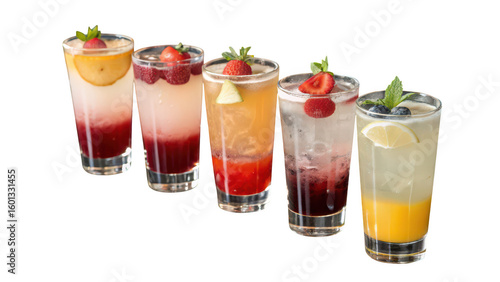 Wallpaper Mural Five tall glasses filled with colorful refreshing fruit drinks garnished with berries and mint isolated on transparent background Torontodigital.ca