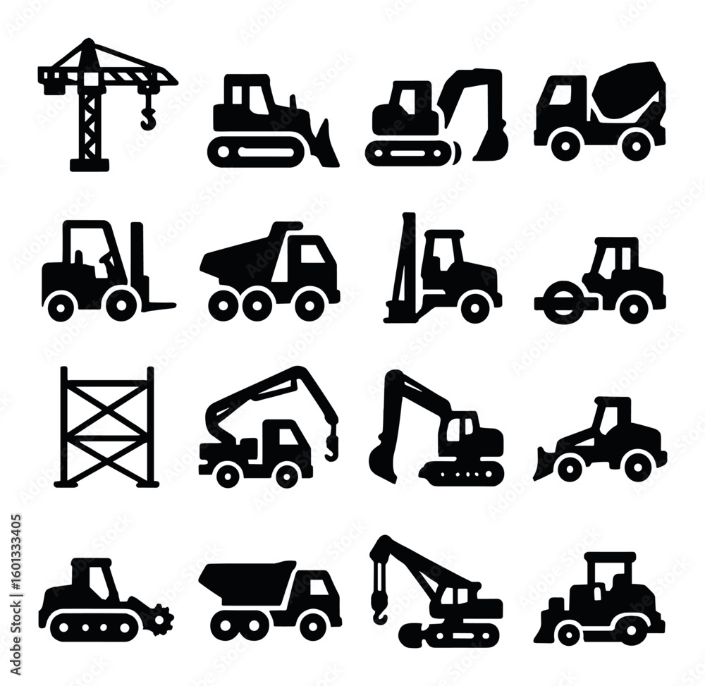 Naklejka premium Construction silhouette icon set. featuring crane, bulldozer, excavator, forklift, dump truck, cement mixer, and more.