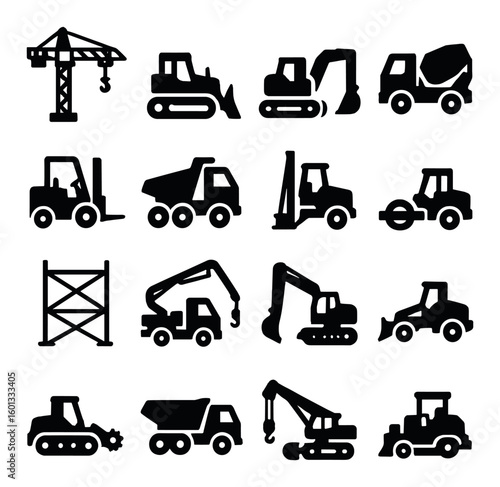 Construction silhouette icon set. featuring crane, bulldozer, excavator, forklift, dump truck, cement mixer, and more.