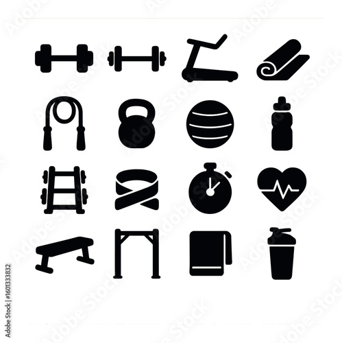 Fitness silhouette icon set. includes dumbbell, treadmill, kettlebell, jump rope, stopwatch, yoga mat, and more.