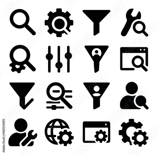 Technology silhouette icon set. featuring search, gear, filter, wrench, globe, browser, user and more.