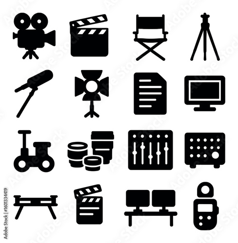 Film equipment silhouette icon set. containing camera, clapperboard, tripod, microphone, monitor, chair, and more.