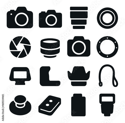 Photography silhouette icon set. includes camera, lens, shutter, flash, tripod, photo frame, more.