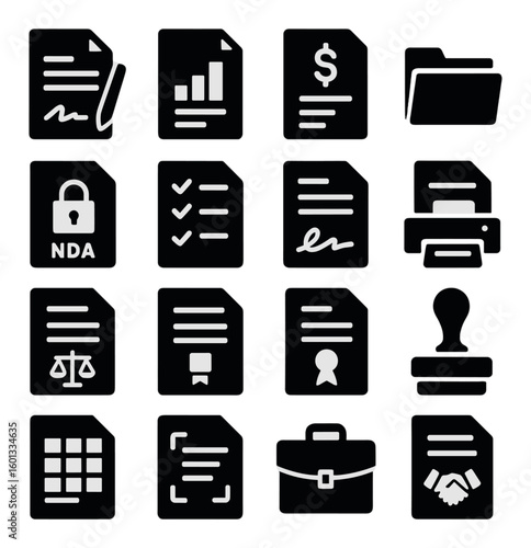 Document silhouette icon set: contract, chart, invoice, folder, nda, checklist, printer, stamp, briefcase