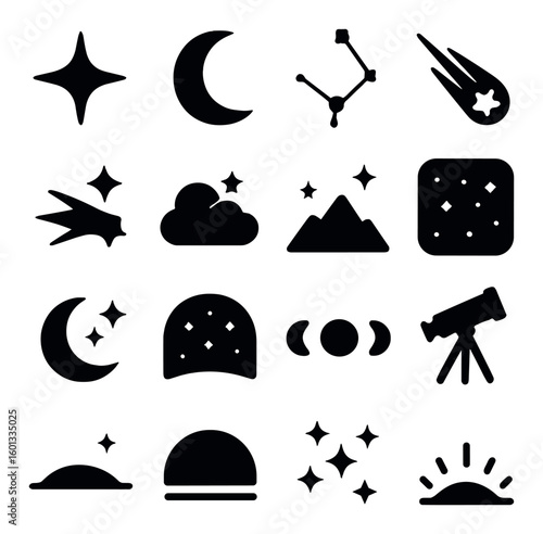 Astronomy silhouette icon set. containing star, moon, constellation, meteor, cloud, telescope, sunrise and more.