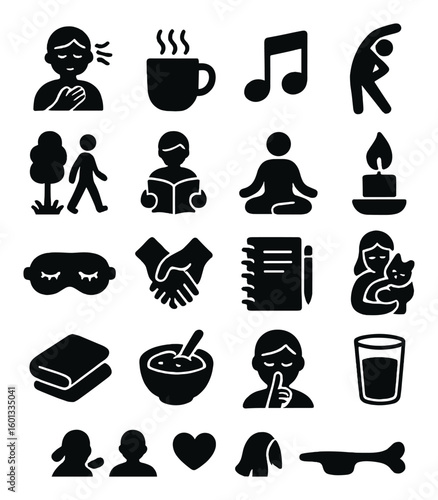 Wellness and relaxation silhouette icon set. featuring meditation, yoga, tea, reading, exercise, and more.