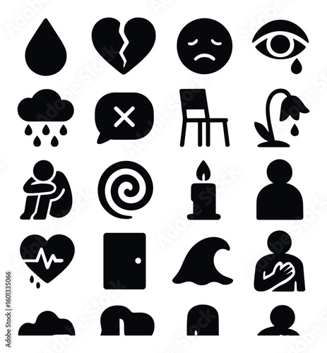 Emotion silhouette icon set. featuring sadness, heartbreak, loneliness, despair, anxiety, loss, grief, and more.