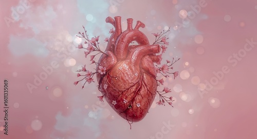 Anatomical heart adorned with pink cherry blossoms on a soft pink and light blue bokeh background