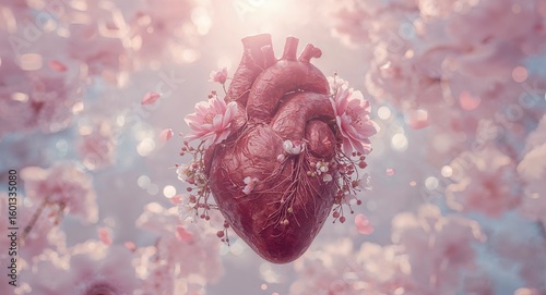 Anatomical heart surrounded by pink flowers and petals in a dreamy ethereal setting with soft light