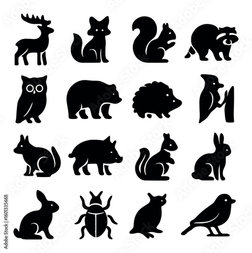 Wildlife silhouette icon set: deer, fox, squirrel, raccoon, owl, bear, hedgehog, bird, rabbit, insect