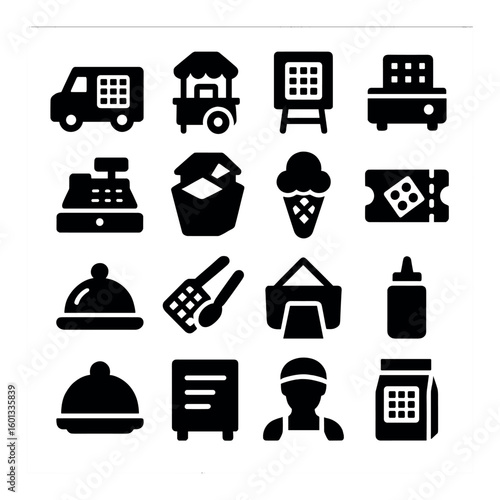 Food service silhouette icon set. featuring food truck, ice cream, ticket, meal, cashier, menu, and more.
