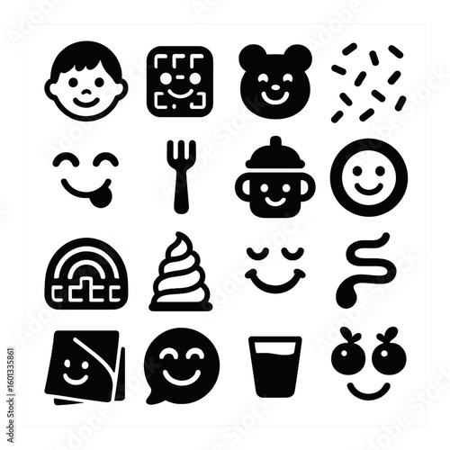 Child silhouette icon set. containing boy, waffle, bear, sprinkles, tongue, fork, sippy cup, smile, and more.