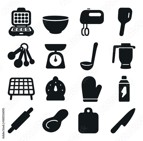 Kitchen silhouette icon set. featuring waffle maker, mixing bowl, mixer, spatula, scale, oven mitt, more