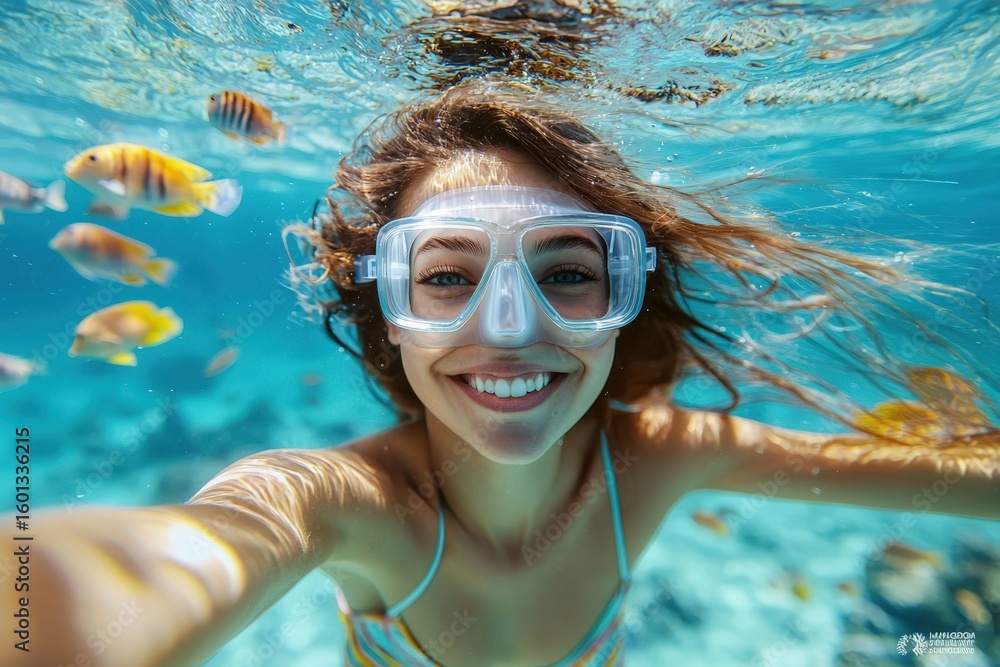 Fototapeta premium Joyful woman snorkeling with colorful fish in clear tropical waters