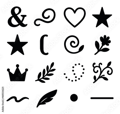 Decorative elements silhouette icon set. includes heart, star, crown, leaf, flower, and more.