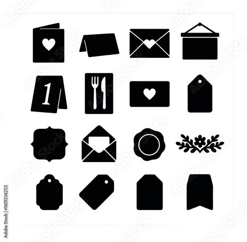 Wedding silhouette icon set: invitation, menu, tag, envelope, card, decor