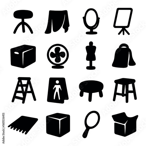 Home decor silhouette icon set: stool, curtain, mirror, easel, fan, ladder, carpet, and more.